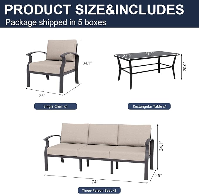 Kurapika Aluminum Patio Furniture Set 10-Seat Modern Metal Outdoor Conversation Sets w/5.1 Inch Cushion Patio Sectional Sofa with Rectangular Coffee Table, Sand