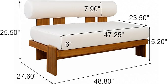 Merax 2 Piece Patio Loveseat & Coffee Table Set with Acacia Wood Frame, Waterproof Cushions & Round Backrest for Garden, Deck & Balcony, Beige+Teak