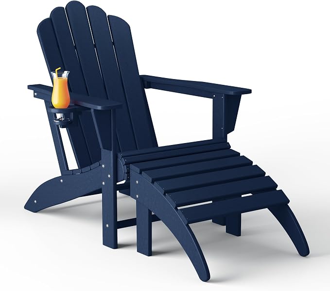 Costaelm Lakeview 2-Piece Outdoor Patio HDPE Adirondack Chair with Ottoman and Cup Holder Set, Navy Blue