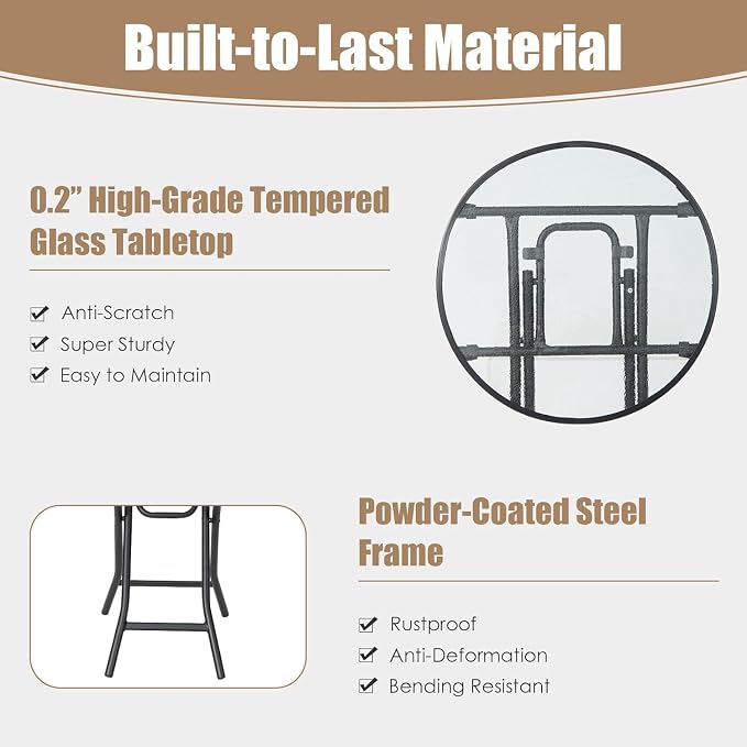 LDAILY Folding Outdoor Side Table, Round Small Bistro Table with Tempered Glass Tabletop, Anti-Slip Foot Pads, Steel Frame, Foldable Patio Table for Garden, Balcony, Backyard, Porch, Black
