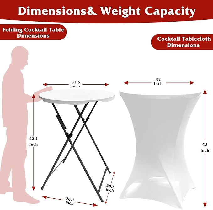 Camp Field 2 Packs Round Folding Cocktail Tables with White Covers, 32 inch High Top Highboy Bar Height Tables, Portable Pub Bistro Furniture for Weddings, Parties, Events, Indoor Outdoor