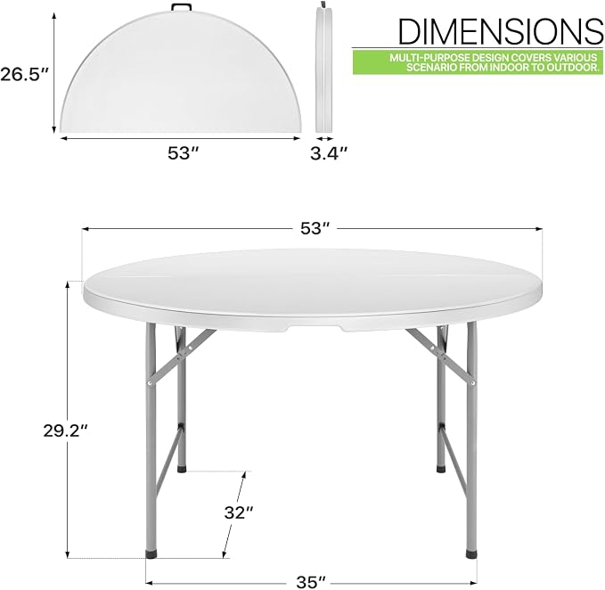 Magshion 53" Round Folding Table, 4.5 Feet Bi-Folding Plastic Commercial Dining Card Table w/Carrying Handle for Outdoor Wedding Party Event Picnic, White