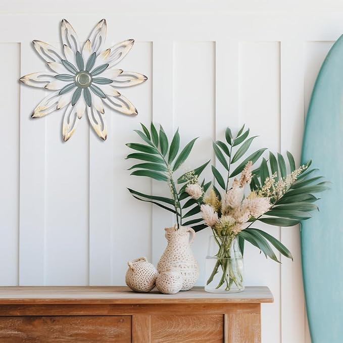 hogardeck Metal Flower Farmhouse Wall Decor, 16" Large Floral Metal Blue White Wall Art for Indoor Outdoor, Boho Wall Decor for Bathroom, Living Room, Kitchen, Bedroom, Porch, Garden, Yard