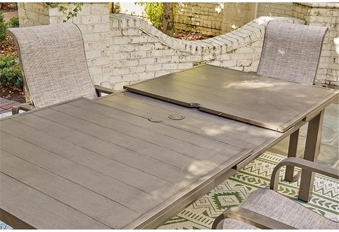 BOWERY HILL Outdoor Rectangular Aluminum Dining Table, Light Brown Finish, 71-94 in Expandable Design, Durable Wood-Look Paint, Stainless Steel Hardware, Patio Furniture for 10-Person Dining Use