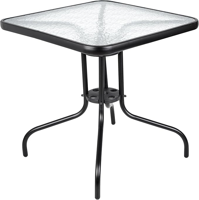 Outdoor Square Glass Patio Table, Tempered Glass Top Bistro Table with Rust-Resistant Metal Frame, Small Coffee Table for Balcony, Garden, Patio
