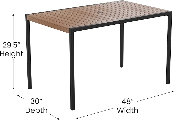 EMMA + OLIVER Outdoor Steel Dining Table with Umbrella Hole - Faux Teak Poly Slatted Top - Black Frame - 30x48 Table Seats up to 4 Adults
