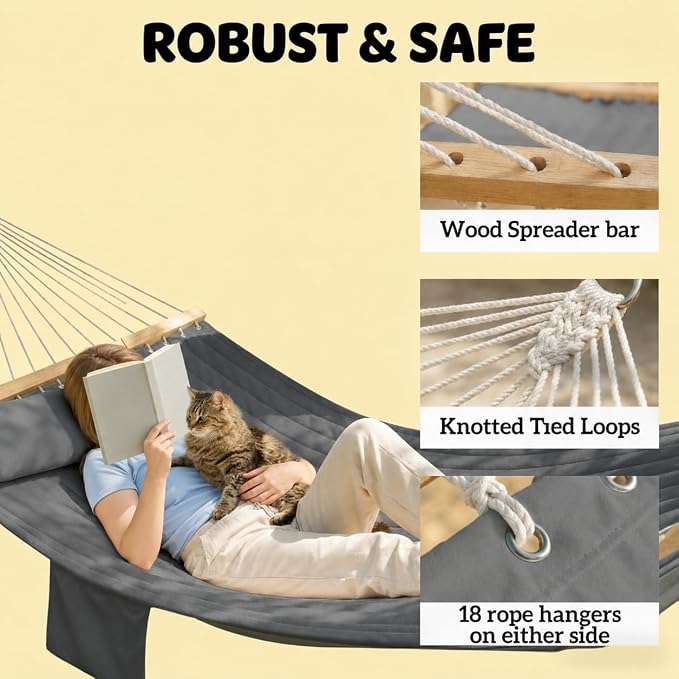 2-Person Tree Hammock Outdoor, Portable Double Hammock Without Stand, Detachable Headrest Magazine Pocket, 450 lbs Capacity, Camping Patio Backyard Indoor Outdoor Hammock Bed (Gray)