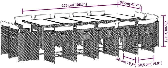 15 Piece Patio Dining Set, Poly Rattan Garden Table and 14 Folding Chairs with Cushions for Outdoor Backyard Deck Furniture, Gray