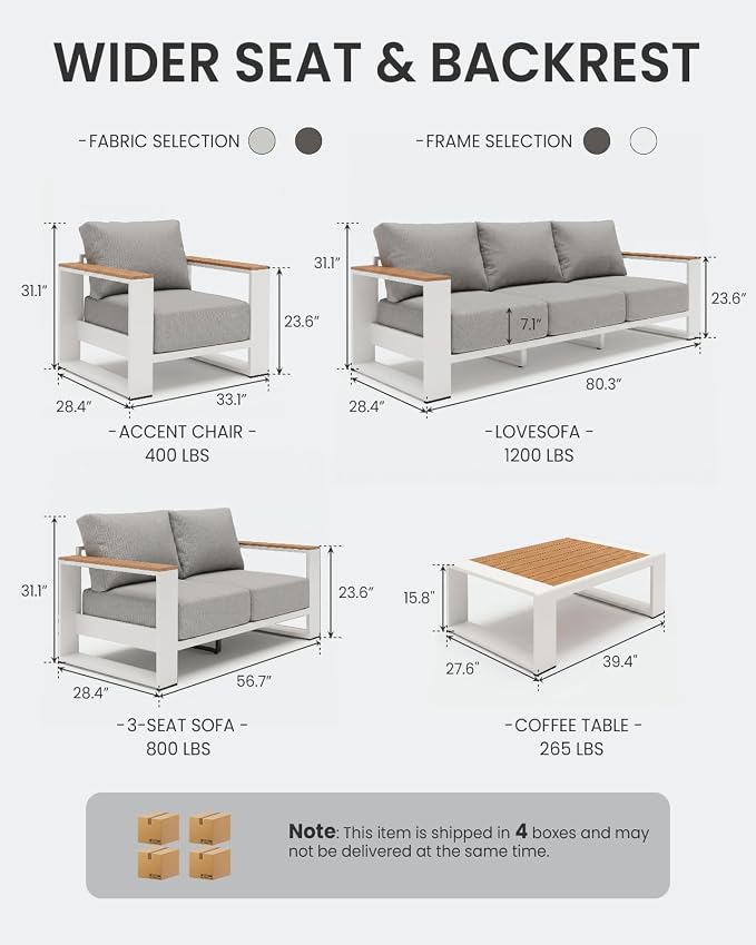 Oversized Aluminum Patio Furniture Set, 4 Pieces Luxury Outdoor Furniture Set with 7.1" Extra Thick Cushion, Modern Outdoor Sectional with Coffee Table for Porch, Garden and Deck, White