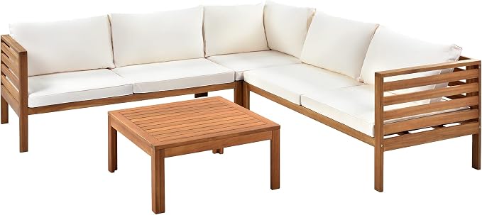 Merax 4-Piece Outdoor Sectional Furniture Set, All-Weather Acacia Wood Patio Sofa with Washable Cushions, Water-Resistant and UV Protected Conversation Set for Backyard, Poolside, Garden, Beige