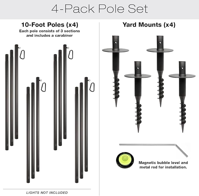 EXCELLO GLOBAL PRODUCTS Premium String Light Poles - 4 Pack - Extends to 10 Feet – Yard Mount (Grass/Dirt) | Yard Mount, Grass/Dirt