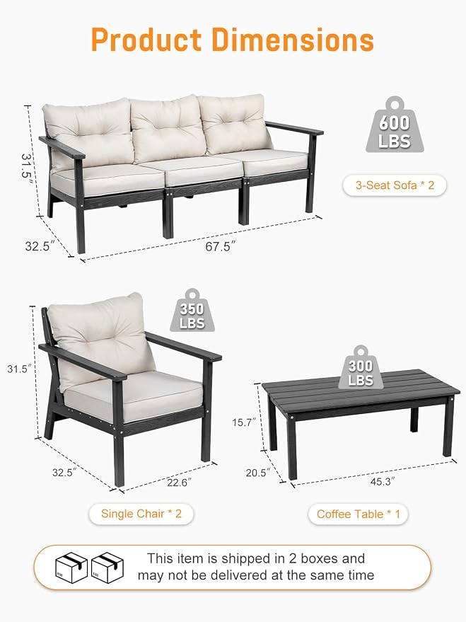 HDPE Patio Conversation Set 8 Seats, Outdoor Furniture Set, Patio Sofa Set | Water-Resistant Thick Cushion, HDPE All Weather, Wood-Grain, No Rot or Rust or Crack, UV Fade Shield, Easy-Clean for Outside