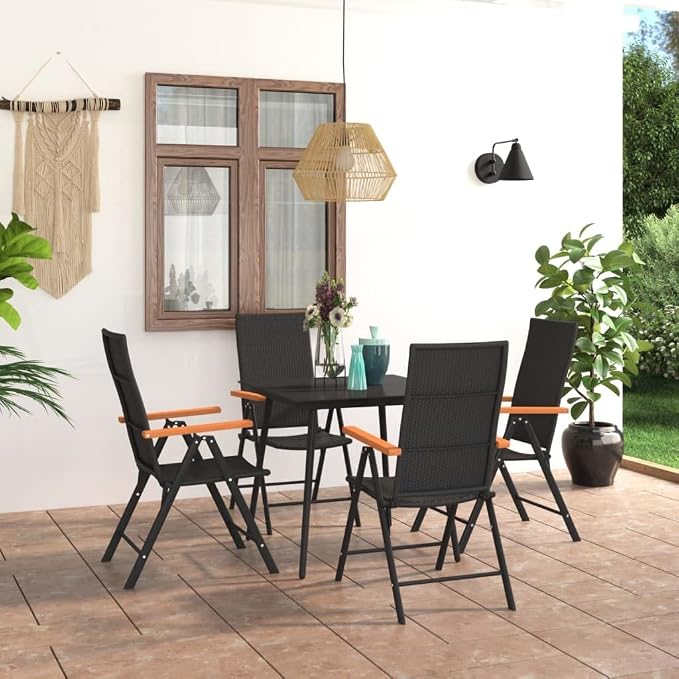 5-Piece PE Rattan Garden Dining Set with Glass Table, Black and Brown, 7-Position Adjustable Backrests for Outdoor Patio Balcony
