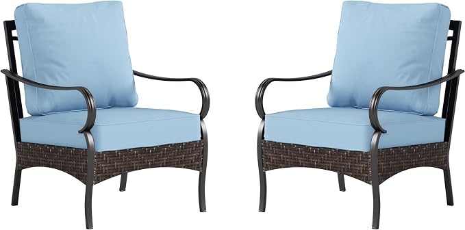 PHI VILLA Outdoor Wicker Chairs Sofa of 2, All Weather High Back Rattan Chairs 2 Seats with Comfy Cushions for Porch Deck