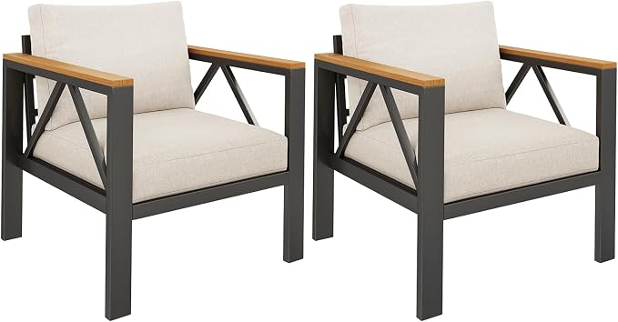 INGEROOM Aluminum Outdoor Patio 2 PCS Armchair Set, Washable Thick Cushions, All-Weather Modern Metal Furniture for Garden, Backyard, Porch, Oatmeal
