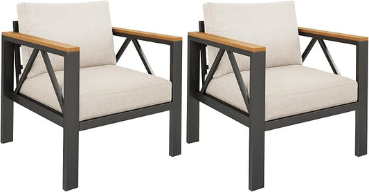 INGEROOM Aluminum Outdoor Patio 2 PCS Armchair Set, Washable Thick Cushions, All-Weather Modern Metal Furniture for Garden, Backyard, Porch, Oatmeal