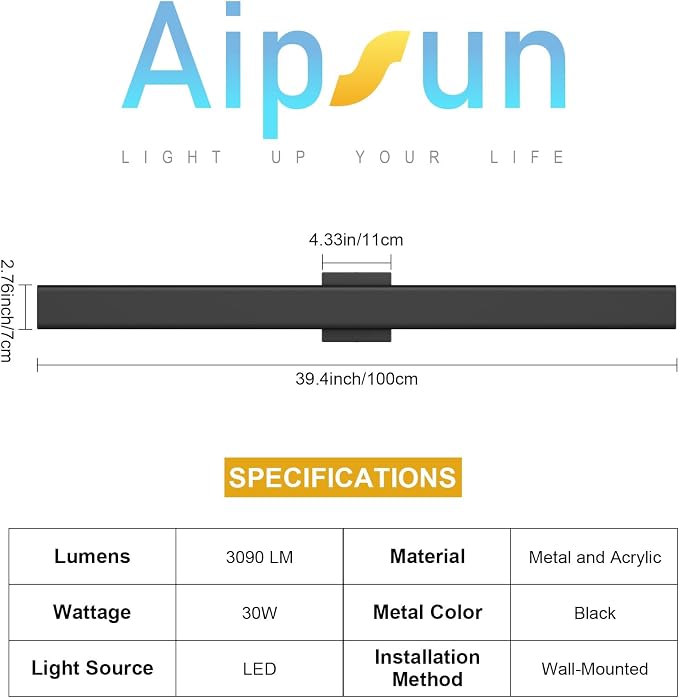 Aipsun Black Outdoor Wall Sconce 3000K 4000K 6000K, 39.4in Modern Exterior Light 1 Pack, Long LED Linear Wall Light Outside Lighting for Entrance, Hallway, Garage, Porch(3CCT)