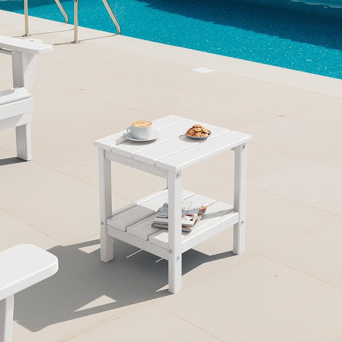 SERWALL 2-Tier HDPE Outdoor Side Tables Set of 2, Weatherproof Rectangular Adirondack Side Table, White