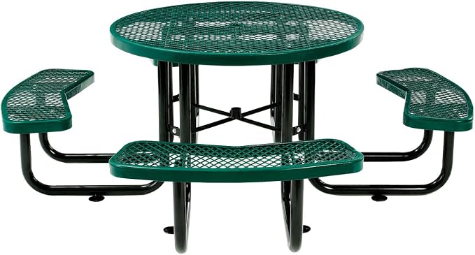 Global Industrial 46" Round Picnic Table, Expanded Metal, Green Thermoplastic Coating, Attached Benches, 1-1/2” Umbrella Pole Hole, Outdoor-Rated, 1000 lb Capacity