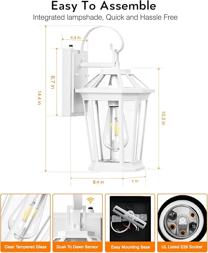 VIANIS 2 Pack Outdoor Wall Lights, Dusk to Dawn Exterior Light Fixture for House, 100% Anti-Rust Aluminum Waterproof Porch Light Outside Wall Lights, White Outdoor Wall Sconce Lanterns for Garage