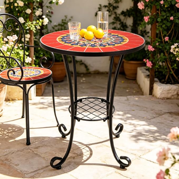 Mosaic Outdoor Side Table Small Round Patio Table Plant Stand | 21" Accent End Table with 14" Ceramic Tile Top for Small Spaces Porch Pool Garden Decor Indoor Living Room Bedroom Balcony
