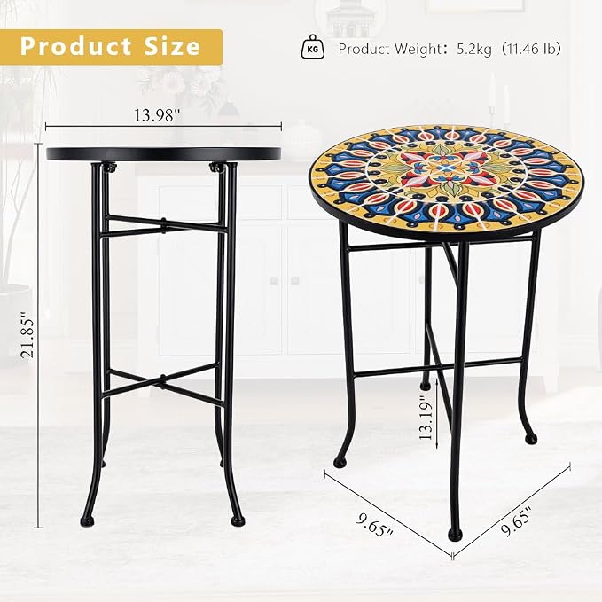 14 Inch Mosaic Patio Side Table with X-Straight Legs, Indoor Outdoor Accent Round End Table with Ceramic Tile Tops for Yard, Garden, Living Room, Bistro, A - Grand Mandala