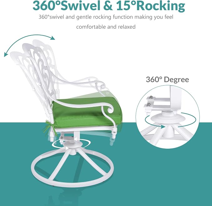MEETWARM 3-Piece Outdoor Patio Dining Set, All-Weather Cast Aluminum Patio Conversation Set for Backyard Garden Deck with 2 Cushions Swivel Rocker Chairs and 31" Round Table, 2.2" Umbrella Hole, White