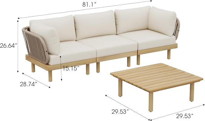 Christopher Knight Home John 4 Piece Patio Furniture Set with Slatted Coffee Table, Outdoor Sofa Set with Rope Back & Cushions, Modern Acacia Wood Sectional Conversation Set, Beige+Cream+Light Teak