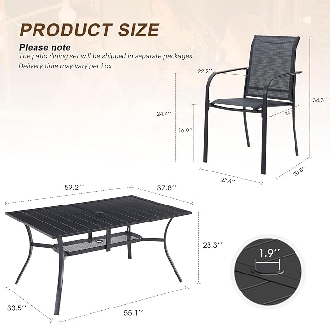 VICLLAX 7 Pieces Patio Outdoor Dining Set, 59" Metal Dining Table with Umbrella Hole and 6 Stackable Textilene Chairs for Patio, Lawn, Garden, Porch, Black Table/Grey Chairs