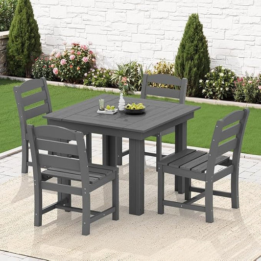 KINGYES 5-Piece HDPE Outdoor Dining Set for 4, Square Patio Table & Armless Chairs with Umbrella Hole, All-Weather Patio Dining Set for Backyard, Garden, Lawn & Poolside, Gray