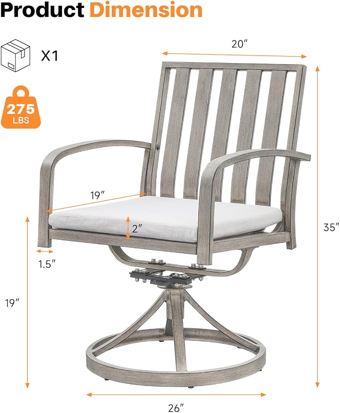 Never Rusts Aluminum Patio Dining Chairs Set of 2, 360°Swivel Outdoor Dining Chairs with Washable Cushions, Deep Seating Swivel Chairs Patio Furniture Set for Deck, Balcony, Garden, Poolside