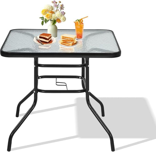 32'' Patio Bistro Table Square Outdoor Coffee Table, Square Tempered Glass Top with Umbrella Hole, Outdoor Dining Table for Balcony Backyard Lawn and Garden, Black