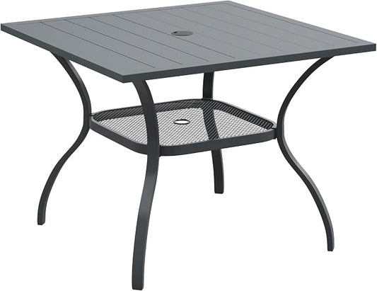 DIFY Square Patio Dining Table for 4, 38" Grey Outdoor Metal Dining Table with 1.57" Umbrella Hole for Backyard, Lawn, Garden and Deck