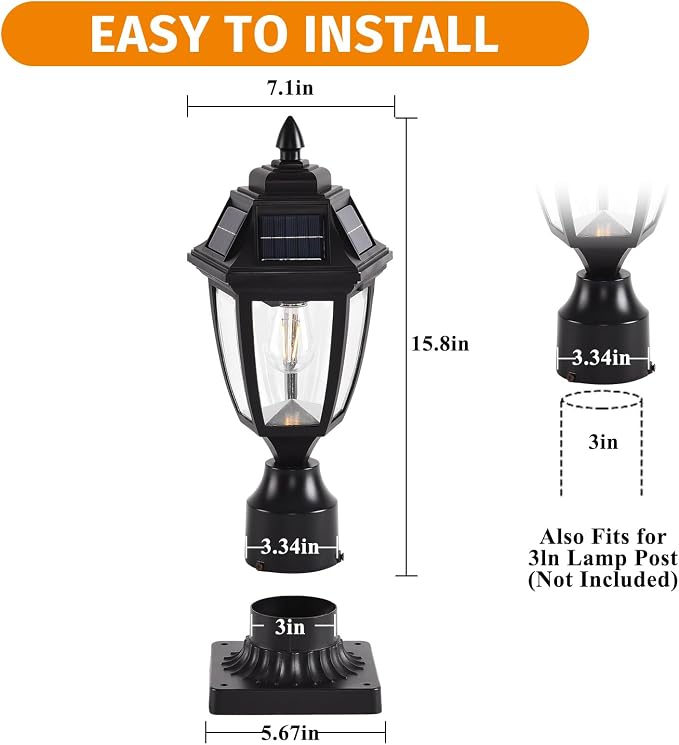 Solar Outdoor Post Lights 2 Pack, Dusk to Dawn Column light with Base | Dusk to Dawn Outdoor Post Light Fixtures, Black Exterior Solar powered Pole Light for Outside Porch Yard Pathway Driveway