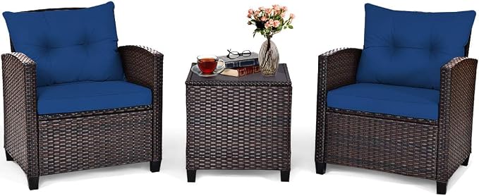 DORTALA Wicker Patio Furniture Set 3 Piece, Outdoor Table and Chairs with Tempered Glass Tabletop, Cushions, Small Rattan Conversation Sofa Set for Balcony, Porch, Backyard, Deck, Navy
