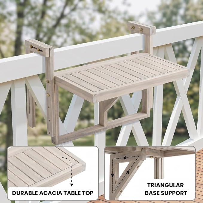 Acacia Wood Balcony Hanging Table – 1PCS Stable Fixed Outdoor Railing Table – Weather-Resistant White Finish – Adjustable Mounting for Small Balcony, Patio, and Porch – Heavy-Duty Deck Side Table