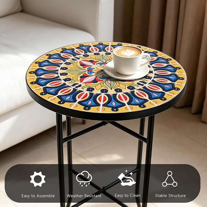 14 Inch Mosaic Patio Side Table with X-Straight Legs, Indoor Outdoor Accent Round End Table with Ceramic Tile Tops for Yard, Garden, Living Room, Bistro, A - Grand Mandala