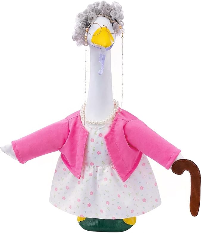 Old Lady Porch Goose Outfits with Floral Dress for 23" Cement Statues | 23 inch Funny Concrete Goose Outfit Grandma Costume with Wig Glasses Cane for Lawn Yard Garden Patio Decor(Hot Pink Floral)