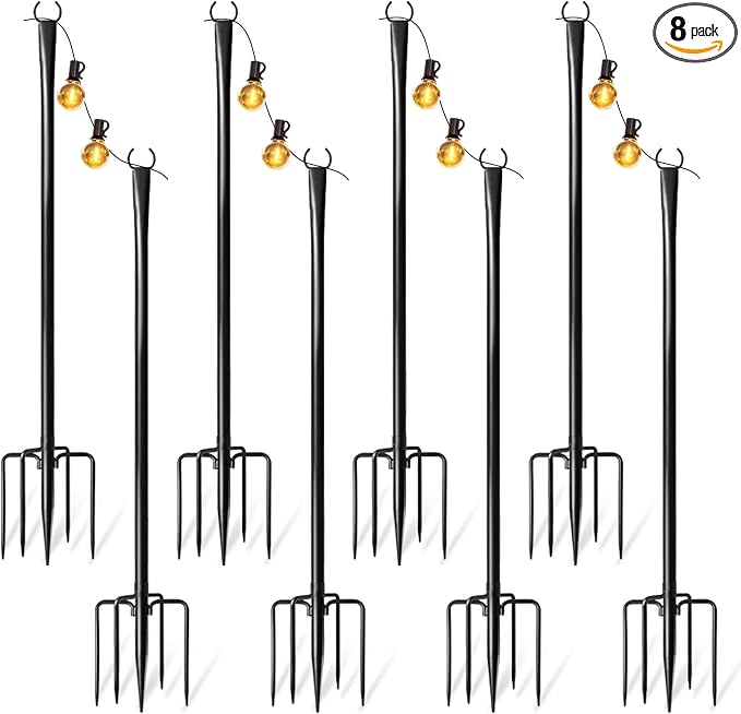8 Pack String Light Poles for Outside with Ground Stakes and Fence Clips | Adjustable 7-section metal patio light poles for string lights and lanterns; for garden, patio, backyard and outdoor decor.