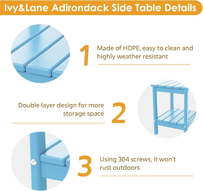 IVY&LANE Adirondack Outdoor Side Tables Set of 2 | HDPE Plastic | Patio End Table with Storage | 2-Shelf | Weather Resistant | Arctic | 14 x 13 Inches | for Outside Porch Backyard Indoor