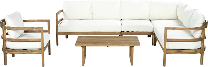 Merax Outdoor Acacia Wood 6-Seater Sectional Sofa Set with Cushions, Wood Patio Modular Lounge with Corner & 1 Table & 1 Club Chair for Balcony, Deck, Garden, Beige + Light Brown