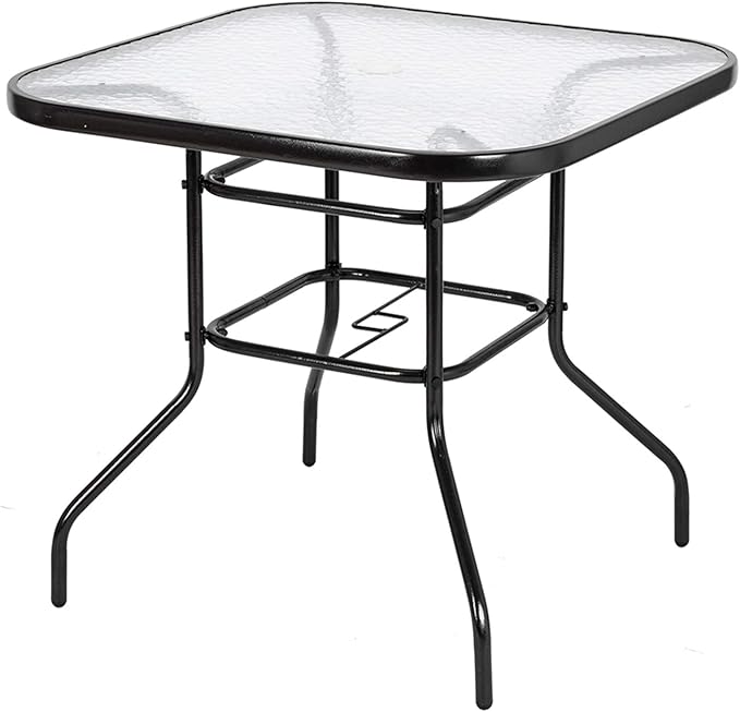 Outdoor Table Patio Table Dining Table with Tempered Glass Umbrella Hole for Lawn Balcony, Yard
