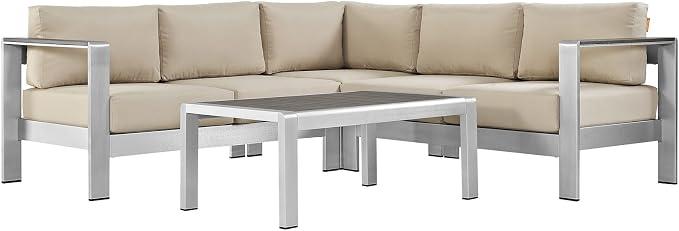 Modway Shore 4-Piece Aluminum Outdoor Patio Sectional Sofa Set in Silver Beige