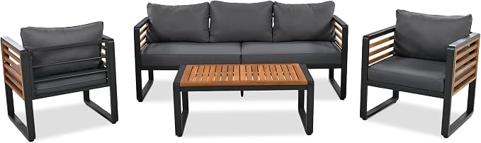 4-Pieces Outdoor Patio Sectional Sofa Set with Coffee Table, All-Weather 5 Person Conversation Set with Thick Cushions and Pillows for Garden Backyard Balcony, Acacia Wood Tabletop (Gray-N74)