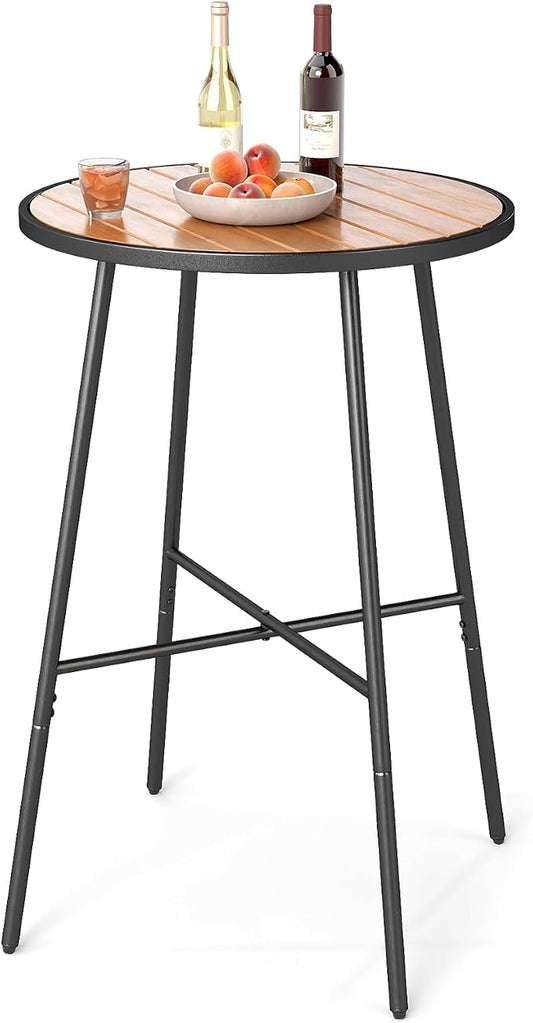 COSTWAY Outdoor Bar Table, 41" Bar Height Patio Round Table with Acacia Wood Top & Metal Frame, High Top Outside Pub Height Bistro Dining Table for Balcony, Garden and Backyard