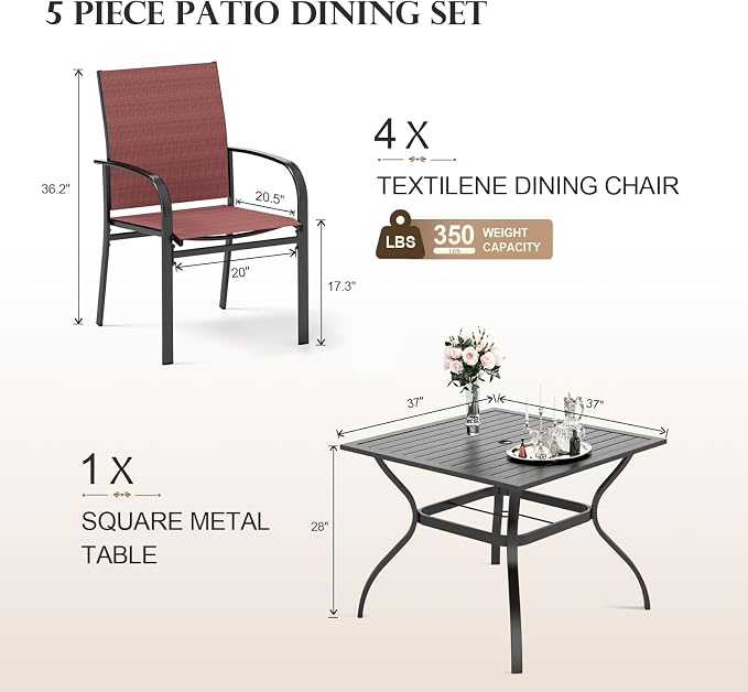 HERA'S HOUSE 5pc Patio Dining Set for 4, Outdoor Metal Table & Red Chairs | Textilene chairs + 37" square table with umbrella hole. Waterproof, rust-resistant, all-weather for backyard, porch