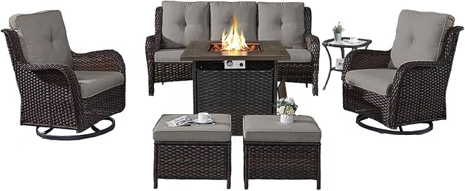 Belord Patio Furniture Set with Fire Pit Table,7 Piece Wicker Outdoor Furniture Set, Swivel Rocker Chairs with Ottomans and Sofa, All Weather Patio Conversation Set, for Pool,Yard,Brown Wicker/Gray