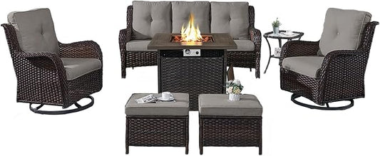 Belord Patio Furniture Set with Fire Pit Table,7 Piece Wicker Outdoor Furniture Set, Swivel Rocker Chairs with Ottomans and Sofa, All Weather Patio Conversation Set, for Pool,Yard,Brown Wicker/Gray