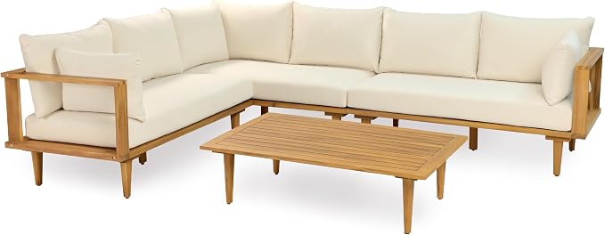 Christopher Knight Home Flynn Acacia Wood Patio Furniture Set, 6-Seater L-Shaped Sectional Sofa Set and Small Coffee Table, Outdoor Conversation Set for Backyard Poolside Balcony, Natural+Beige
