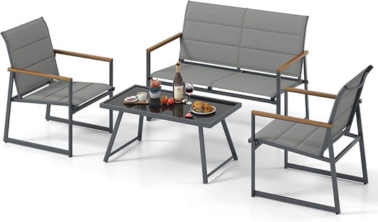 HAPPYGRILL 4-Piece Patio Furniture Set, Modern Sectional Sofa Set w/Fabric Seats, Wood-Plastic Armrests, Tempered Glass Coffee Table, Outdoor Conversation Set for Backyard Balcony Garden Porch (1)